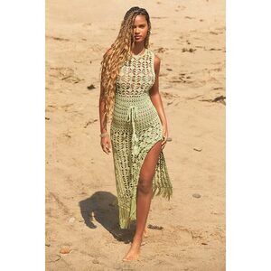 Lulus Endless Waves Sage Green Crochet Fringe Midi Swim Cover-up - Size M